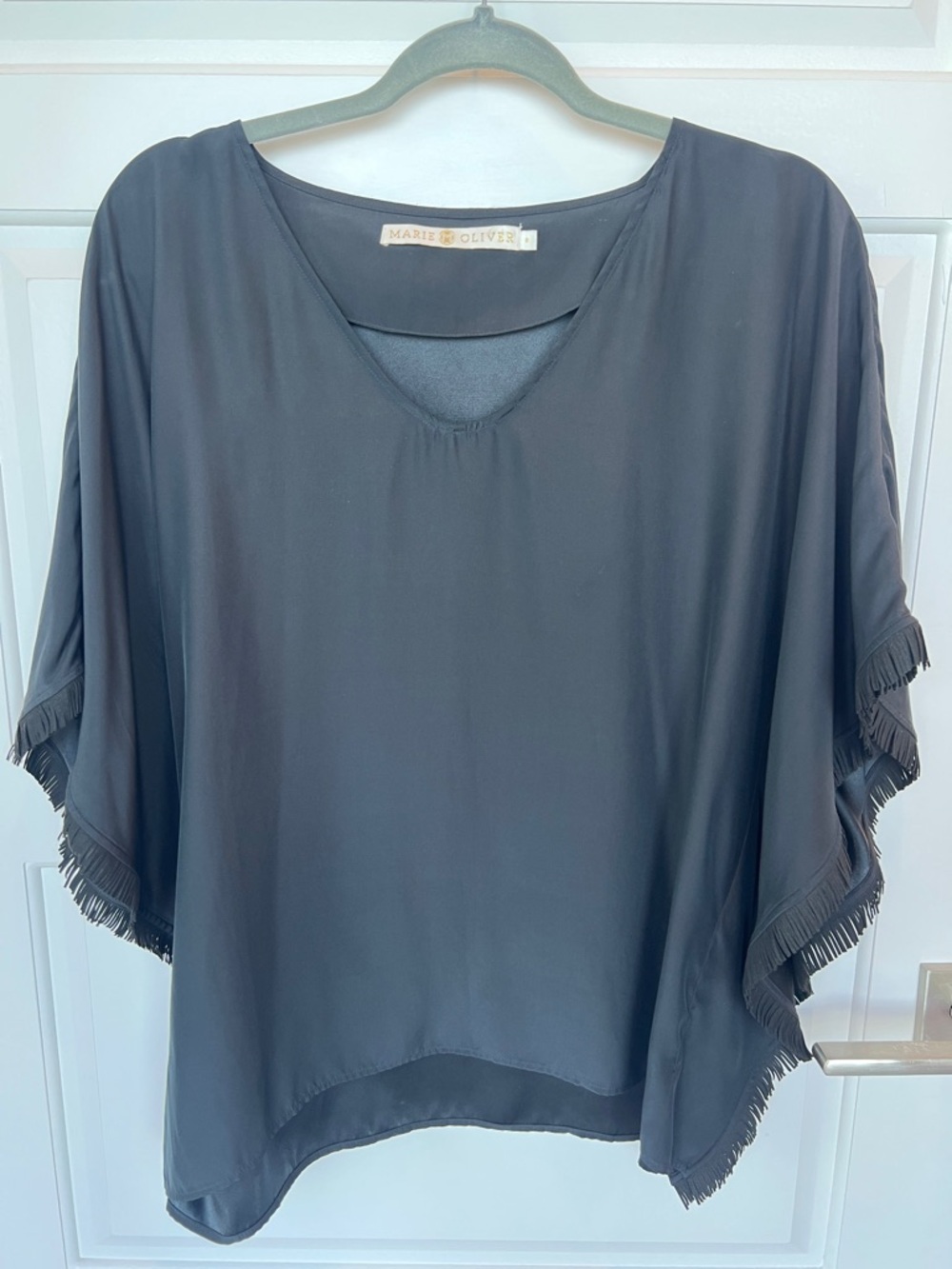 Marie Oliver Black Fringe Dolman Sleeve Silk Top size S